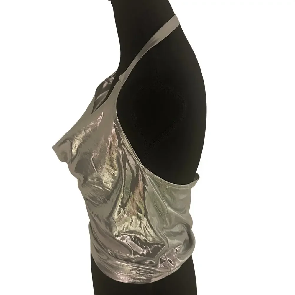 Y2K Silver Metallic Halter Cowl Neck Top Liquid Shine Going Out Party - Picture 6 of 14